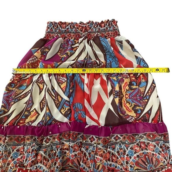 Cache BOHO Tiered Gypsy Festival Colorful Beaded Smock Waist Midi Skirt SZ Large - Picture 11 of 14